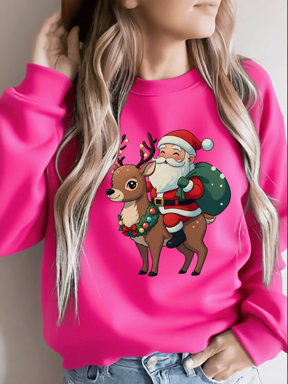 Cozy Graphic Christmas Tacky Sweater for Women with Crew Neck Long Sleeve Santa Reindeer Print Pullover Style
