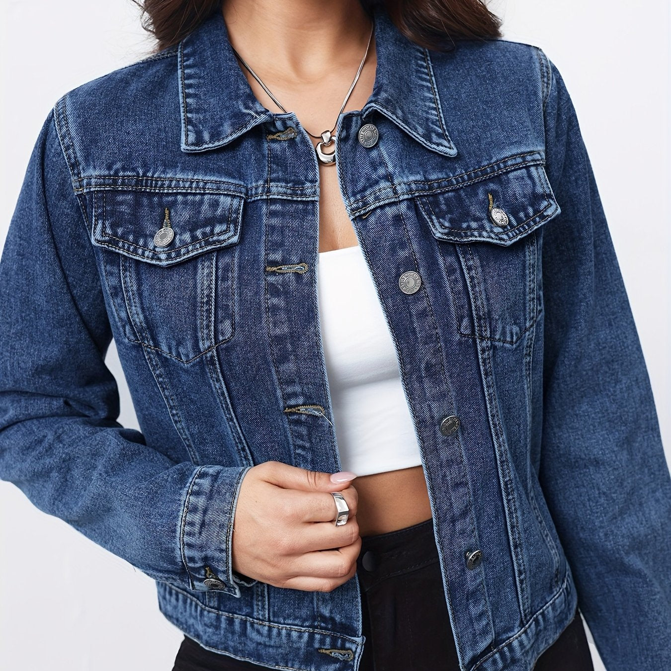 Effortless Medium Blue Jean Jacket for Women with Collar Long Sleeve Button Front Cropped Casual Style