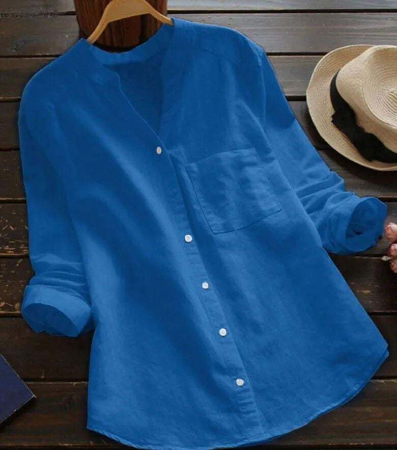 Effortless Linen Shirt for Women with Stand Collar Long Sleeve Button Front Relaxed Style