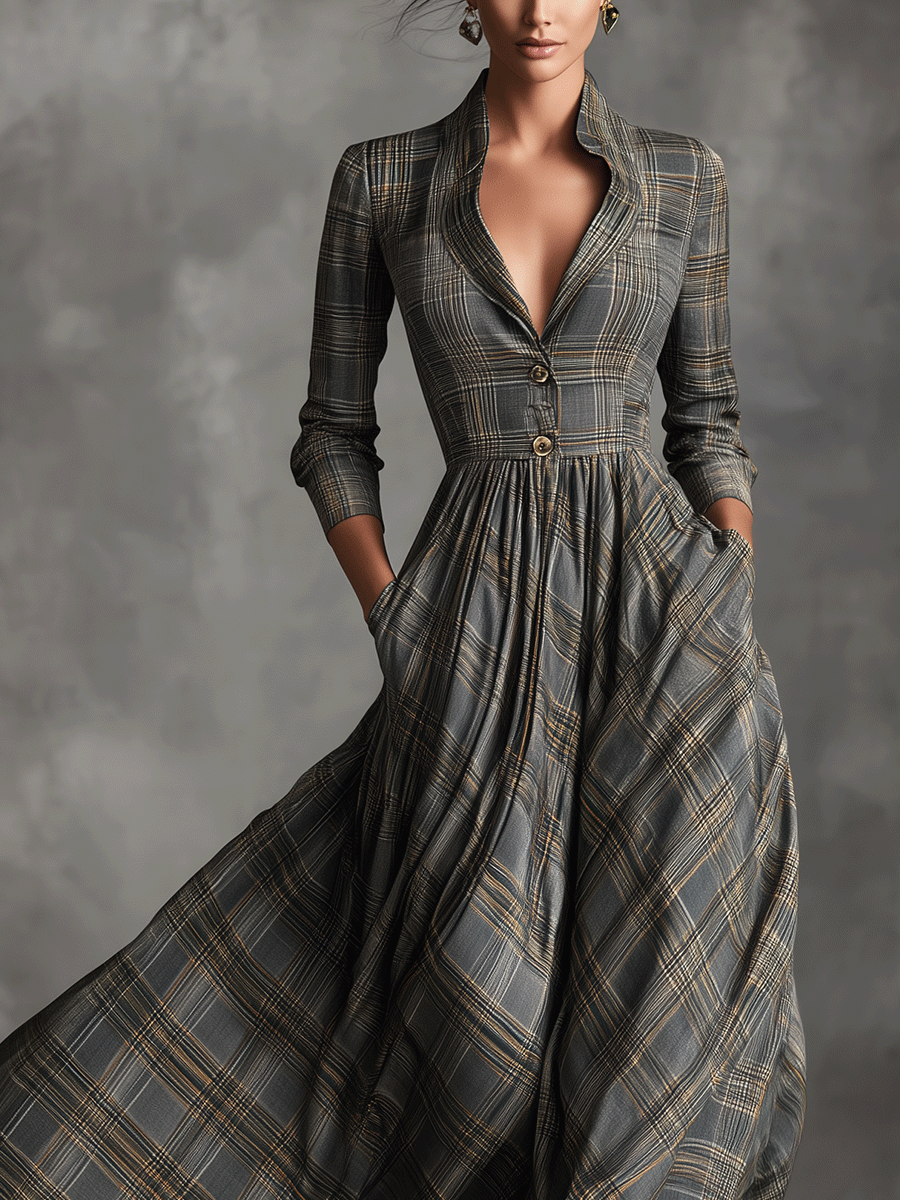 Elegant Tartan Plaid Maxi Dress for Women with Lapel V Neck Button Front Elbow Sleeve Flared Casual Style