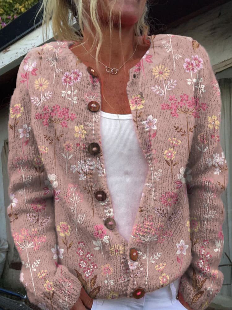 Cozy Pink Cardigan for Women with Round Neck Long Sleeve Floral Print Button Front Style