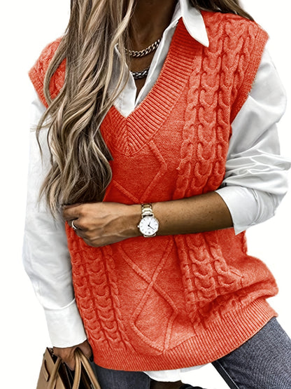 Cozy Cable Knit Sweater Vest for Women with V Neck Sleeveless Oversized Relaxed Style