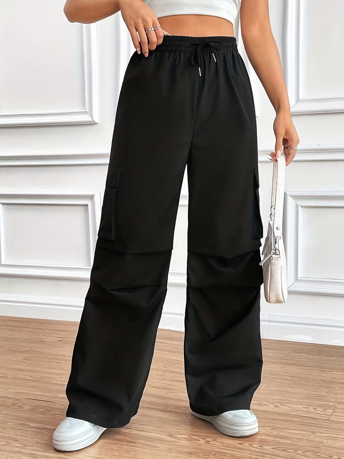 Effortless Black Cargo Pants for Women with High Waist Drawstring Wide Leg Relaxed Style