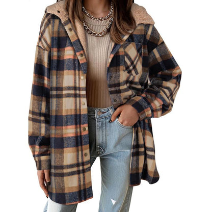 Cozy Plaid Shacket for Women with Hooded Collar Long Sleeve Sherpa Lined Flannel Oversized Style