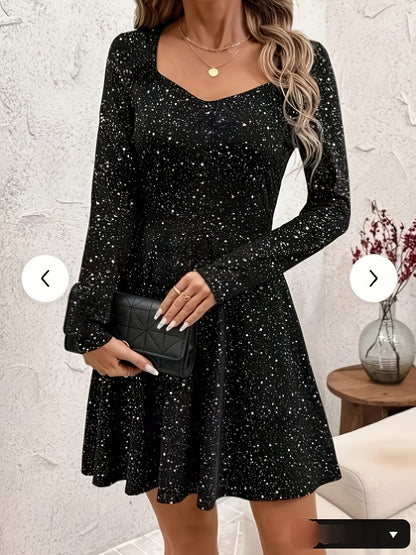 Elegant Black Cocktail Dress for Women with Sweetheart Neck Long Sleeve Fit and Flare Sparkle Style