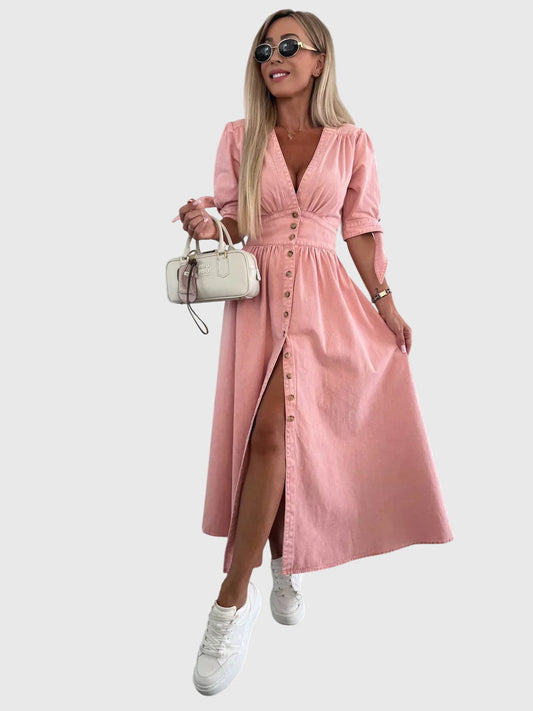 Effortless Denim Midi Dress for Women with V-Neck Button Front Elbow Sleeve Casual Style