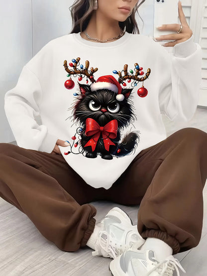 Comfortable Christmas Tacky Sweater for Women with Crew Neck Long Sleeve Cat Graphic Oversized Knit Style