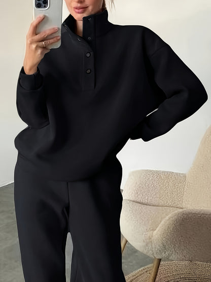 Comfortable Fleece Sweatsuit for Women with Mock Neck Snap Button Long Sleeve Oversized Two Piece Style