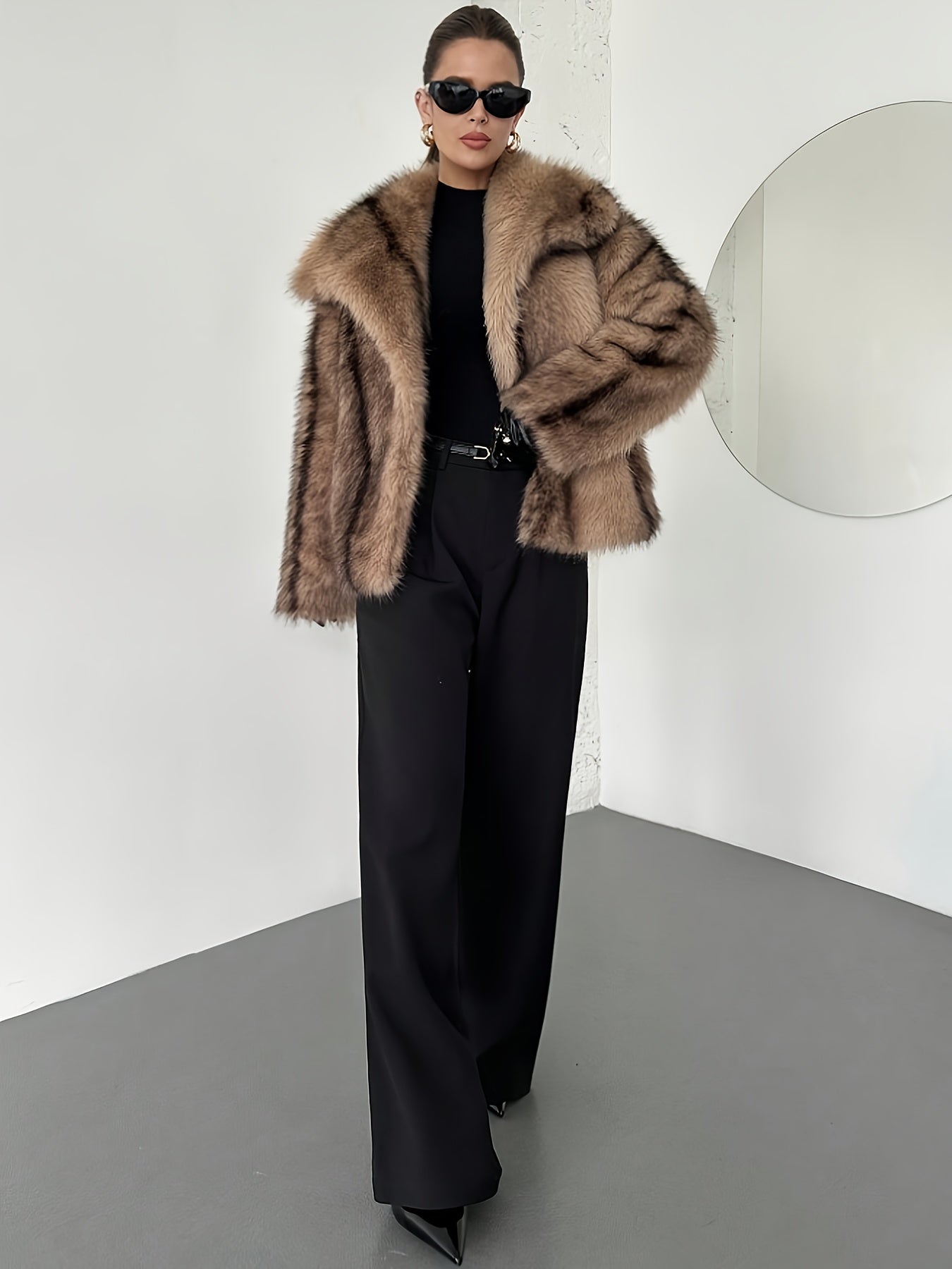 Elegant Khaki Fur Coat for Women with Notch Collar Long Sleeve Oversized Cropped Style
