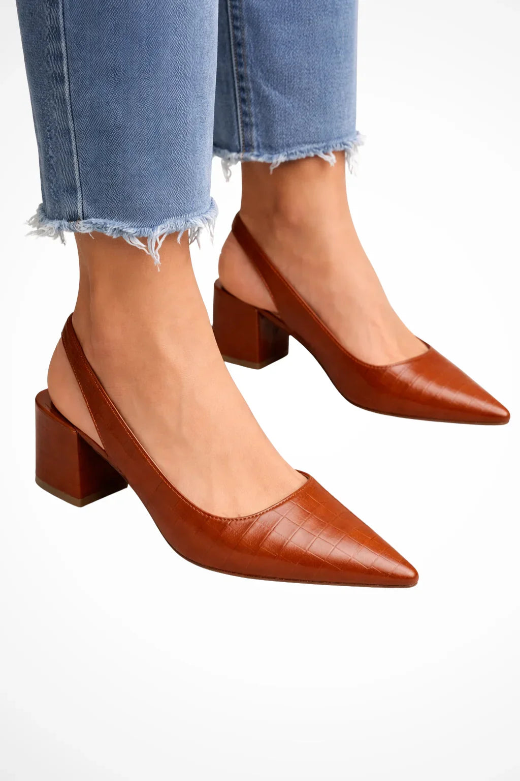 Elegant Pumps for Women with Pointed Toe Slingback Block Heel Leather Style