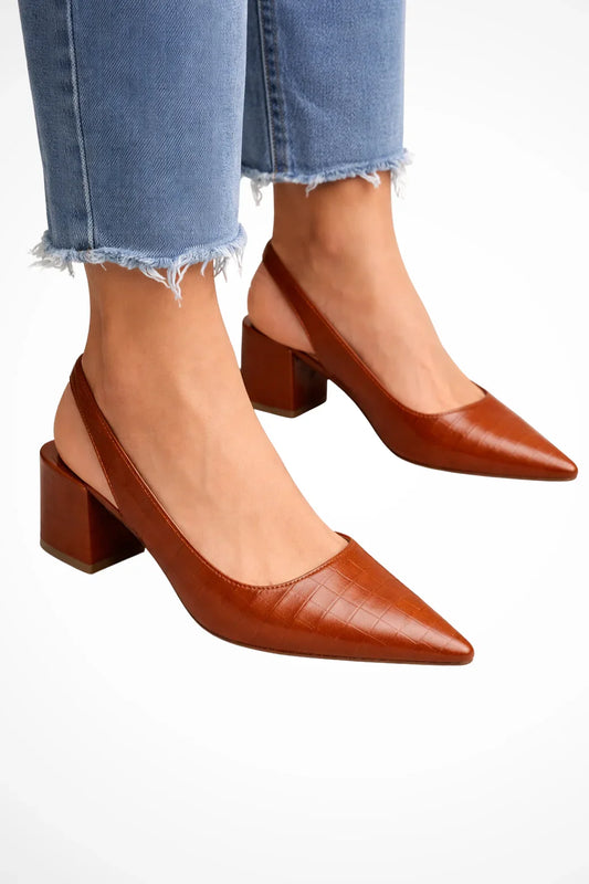 Elegant Pumps for Women with Pointed Toe Slingback Block Heel Leather Style