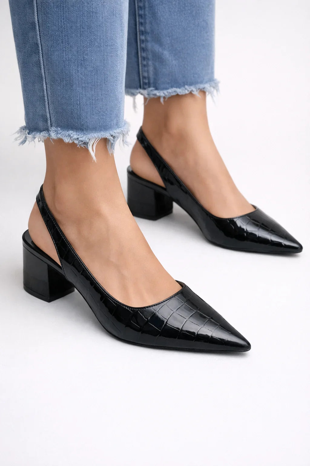 Elegant Pumps for Women with Pointed Toe Slingback Block Heel Leather Style