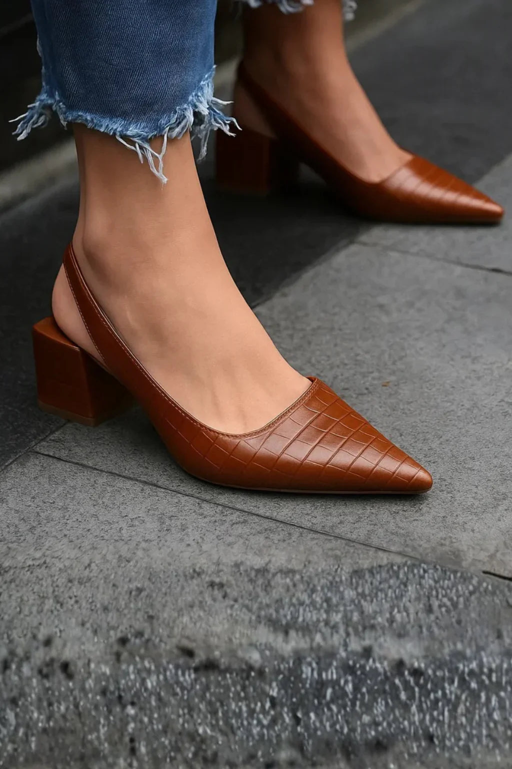 Elegant Pumps for Women with Pointed Toe Slingback Block Heel Leather Style