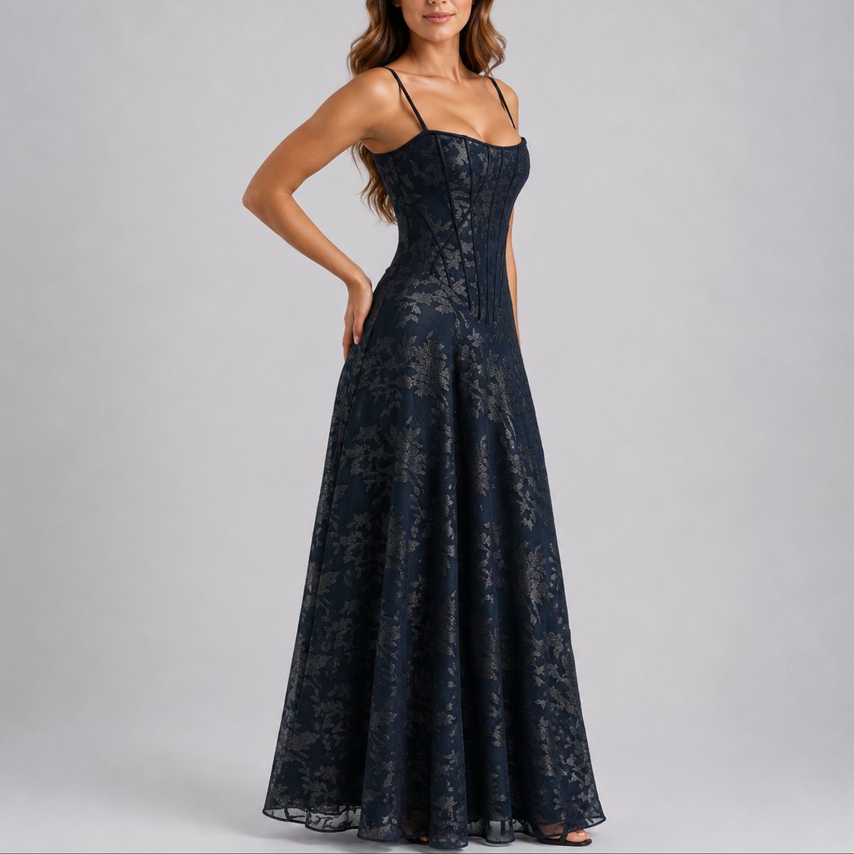 Elegant Floral Jacquard Autumn Wedding Guest Dress for Women with Sweetheart Neckline Sleeveless Corset A Line Style