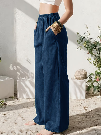 Effortless Linen Wide Leg Pants for Women with High Waist Pocket Flowing Relaxed Casual Style