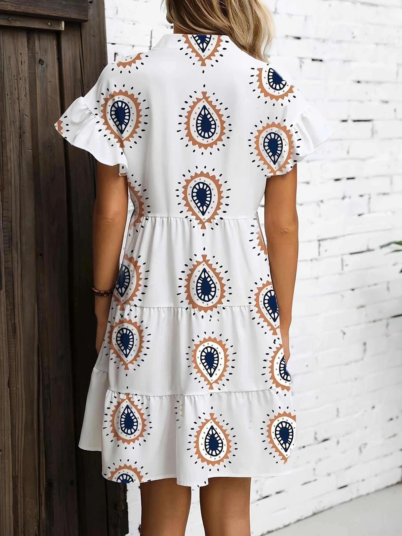Elegant White Tribal Print Midi Dress for Women with V Neck Ruffle Sleeve Tiered Boho Style
