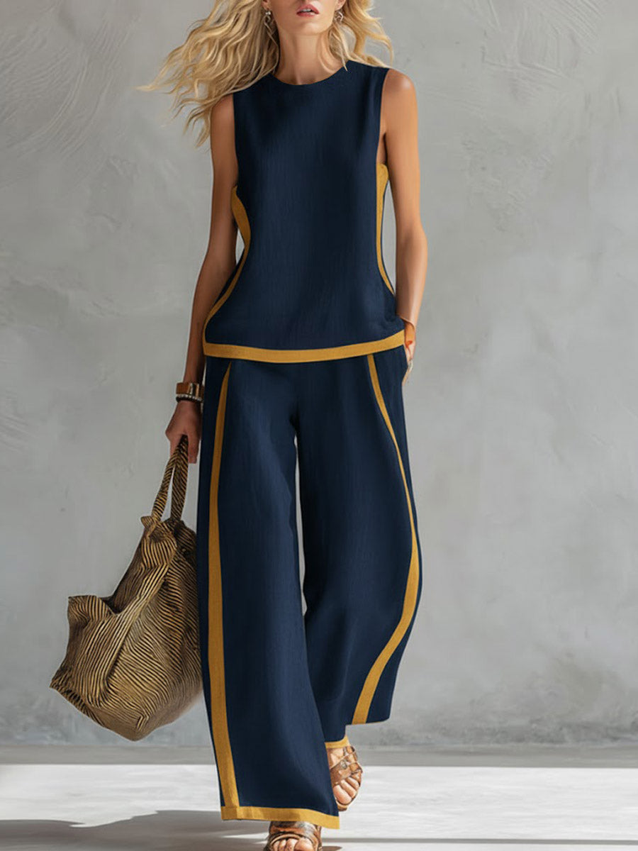 Effortless Linen Two Piece Set for Women with Contrast Piping Wide Leg Pants