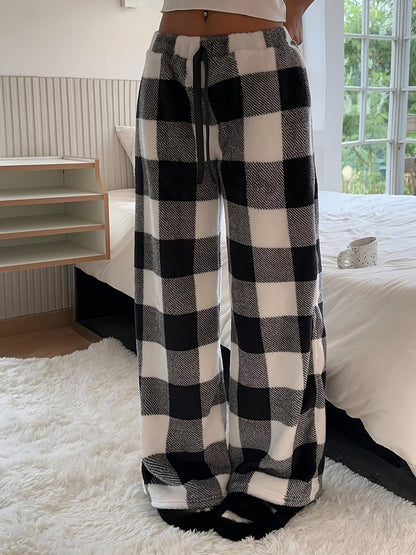 Cozy Plaid Plush Sweatpants for Women with Drawstring Waist Wide Leg Fleece Lounge Style