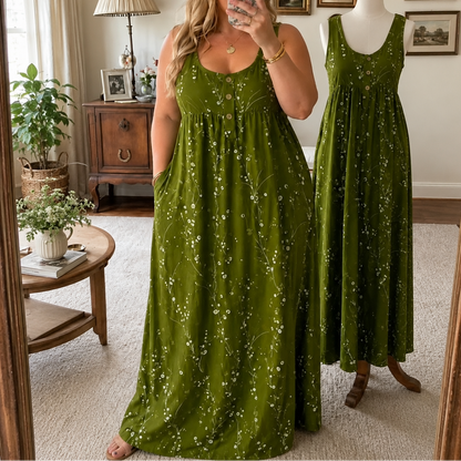 Effortless Floral Maxi Dress for Women with Scoop Neck Sleeveless Button Front Flowing Fall Style