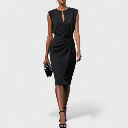 Elegant Sheath Midi Dress for Women with Keyhole Neck Sleeveless Ruched Waist Cocktail Style