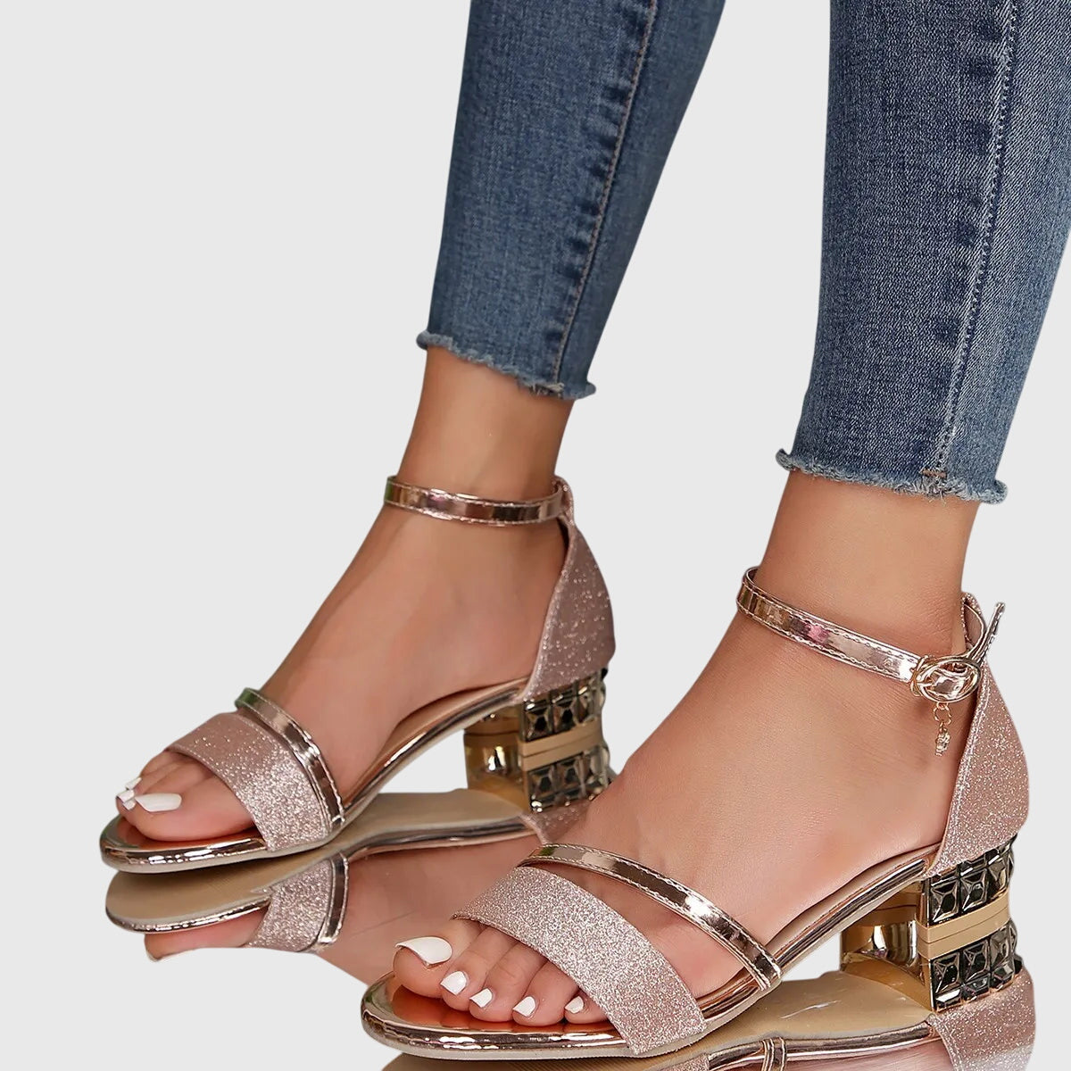 Comfortable Orthopedic Sandals for Women with Ankle Strap Block Heel Gold Trim Open Toe Dress Sandal Style