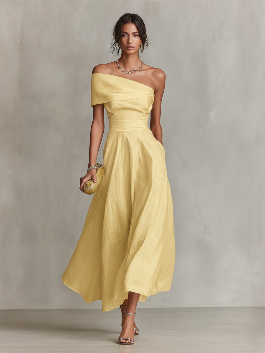 Elegant Yellow Linen Midi Dress for Women with One Shoulder Neckline Fitted Waist Formal Wedding Guest Style