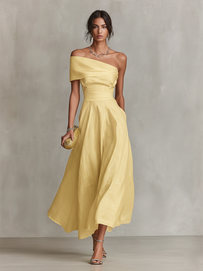 Elegant Yellow Linen Midi Dress for Women with One Shoulder Neckline Fitted Waist Formal Wedding Guest Style