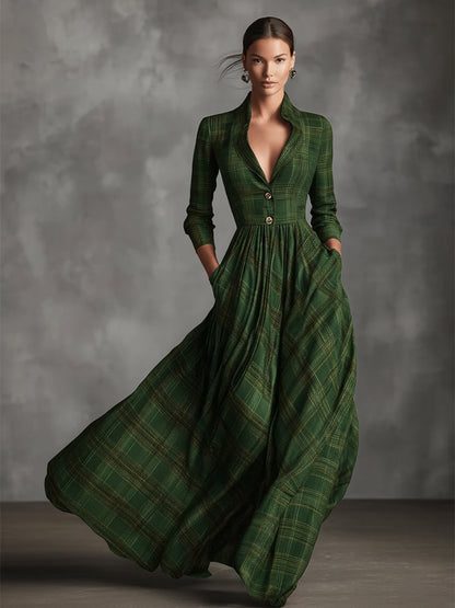 Elegant Tartan Plaid Maxi Dress for Women with Lapel V Neck Button Front Elbow Sleeve Flared Casual Style