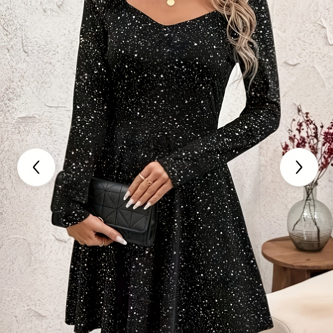 Elegant Black Cocktail Dress for Women with Sweetheart Neck Long Sleeve Fit and Flare Sparkle Style