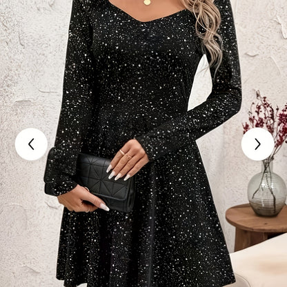 Elegant Black Cocktail Dress for Women with Sweetheart Neck Long Sleeve Fit and Flare Sparkle Style