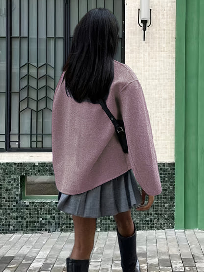Effortless Wool Pea Coat for Women with Stand Collar Long Sleeve Double Breasted Oversized Casual Style