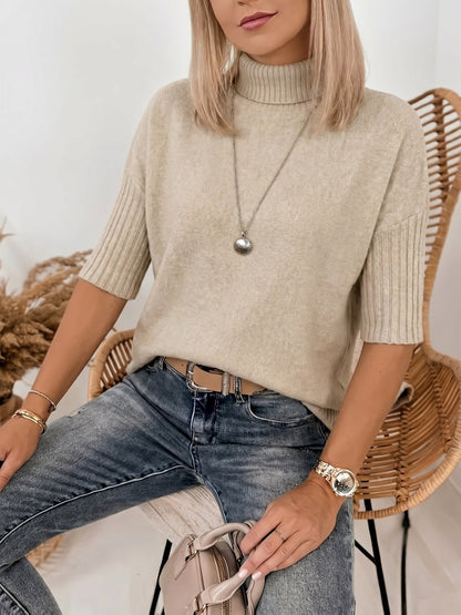 Comfortable Ribbed Knit Sweater for Women with Turtleneck Elbow Sleeve Relaxed Oversized Style