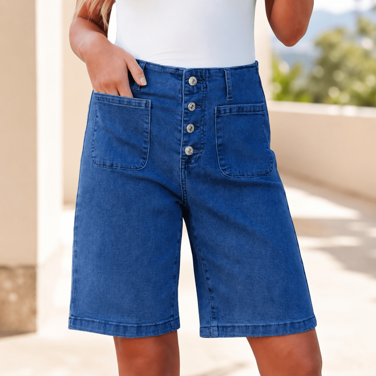 Effortless Denim Bermuda Shorts for Women with High Waist Button Front Patch Pocket Relaxed Casual Style