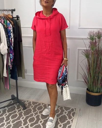 Comfortable Coral Hoodie Dress for Women with Drawstring Hood Short Sleeve Relaxed Shift Casual Style
