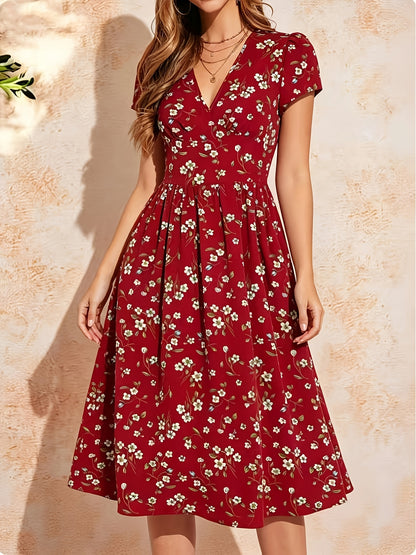 Elegant Burgundy Floral Mini Dress for Women with V Neck Flutter Sleeve Fit and Flare Style