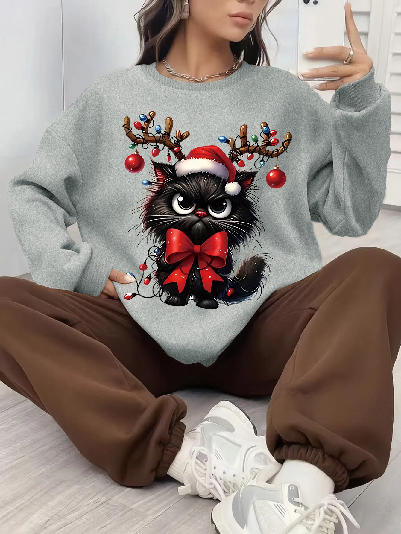 Comfortable Christmas Tacky Sweater for Women with Crew Neck Long Sleeve Cat Graphic Oversized Knit Style