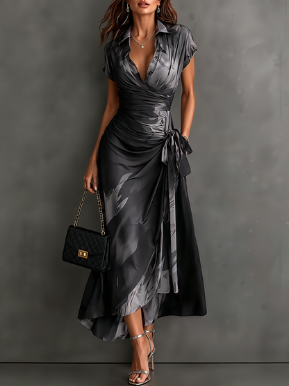 Chic Abstract Print Wrap Midi Dress for Women with Collared V Neck Short Sleeve Satin Flowy Style