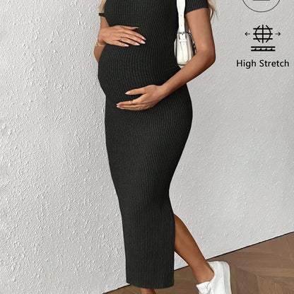 Comfortable Ribbed Knit Maternity Maxi Dress for Women with Square Neck Short Sleeve Bodycon Side Slit Style