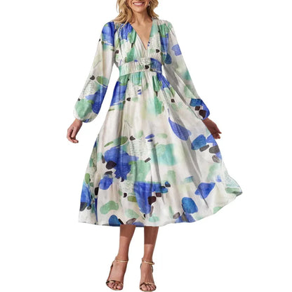 Effortless Floral Midi Dress for Women with V Neck Balloon Sleeve Smocked Waist Flowing Bohemian Style