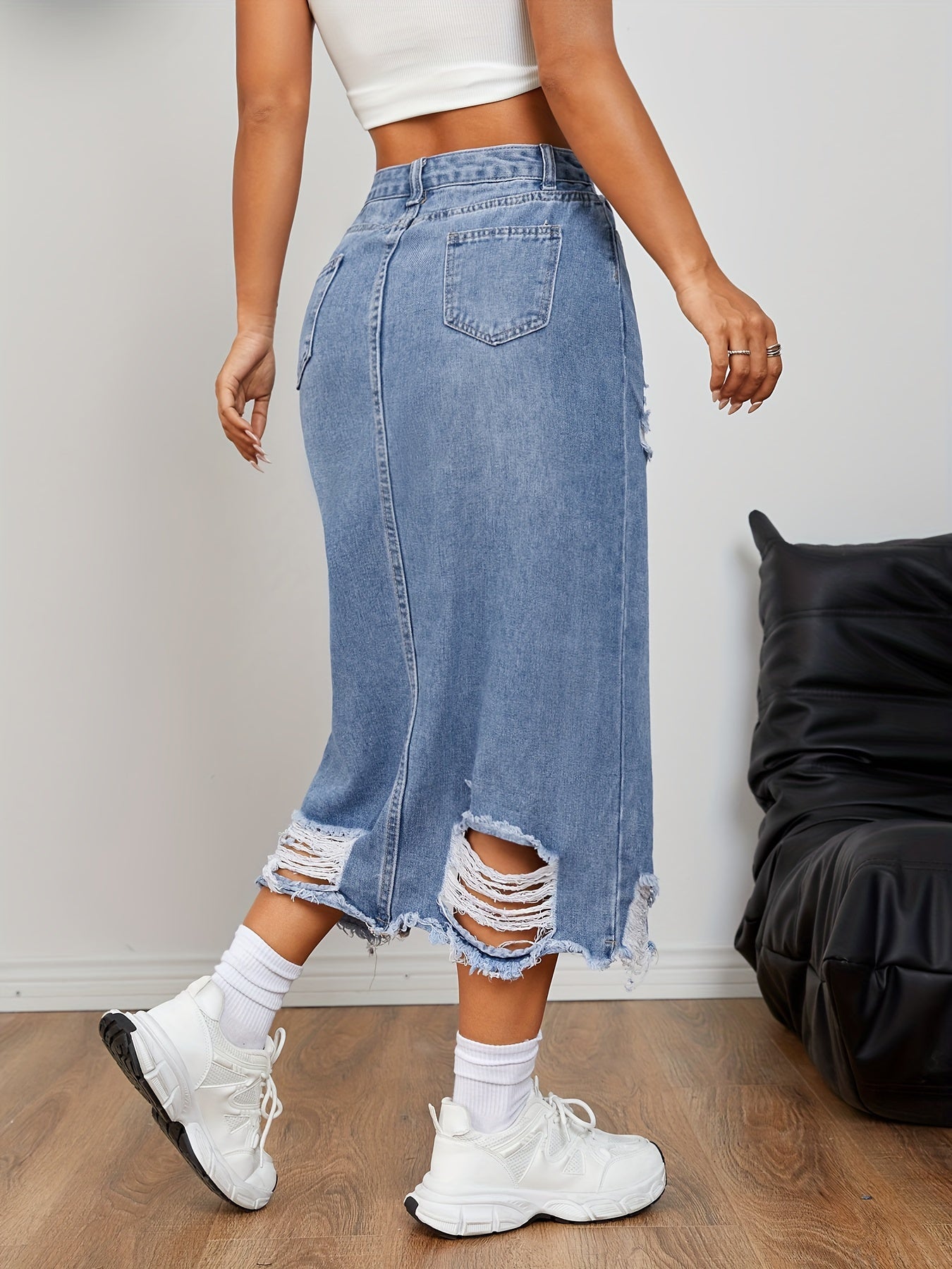 Stylish Blue Denim Jean Skirt for Women with High Waist Ripped Side Slit A Line Midi Casual Style