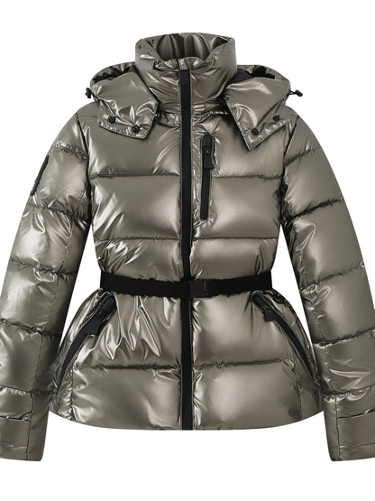 Cozy Glossy Padded Ski Jacket for Women with Detachable Hood Drawstring Belted Waist Quilted Style