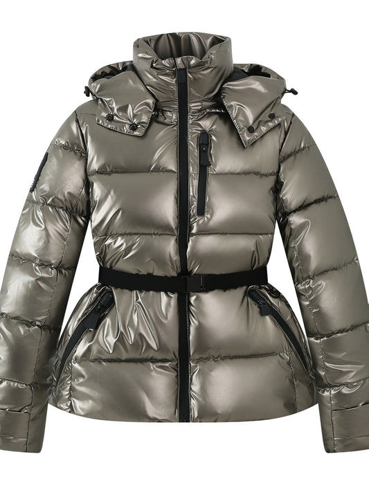 Sleek Metallic Puffer Ski Jacket for Women with Hooded Collar Long Sleeve Belted Zip Pocket Casual Style