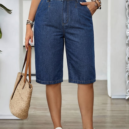 Effortless Blue Denim Bermuda Jean Shorts for Women with High Waist Pleated Wide Leg