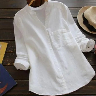 Effortless Linen Shirt for Women with Stand Collar Long Sleeve Button Front Relaxed Style