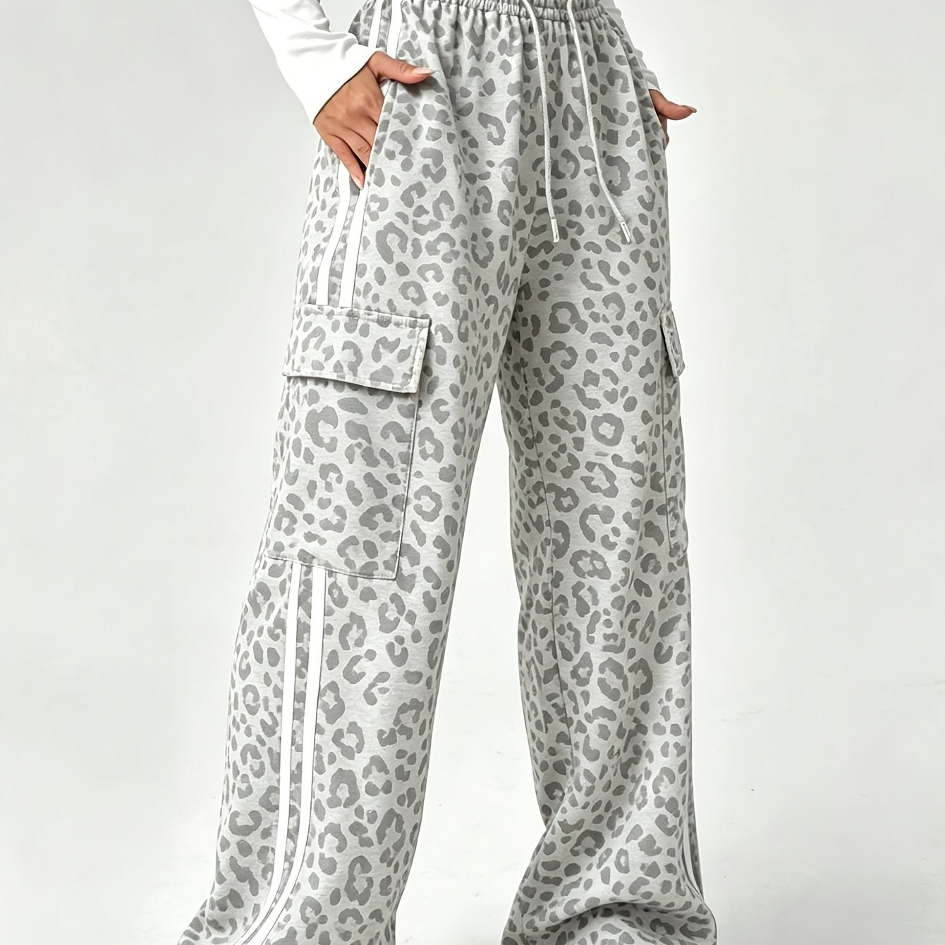 Effortless Leopard Print Cargo Pants for Women with High Waist Drawstring Wide Leg Relaxed Style
