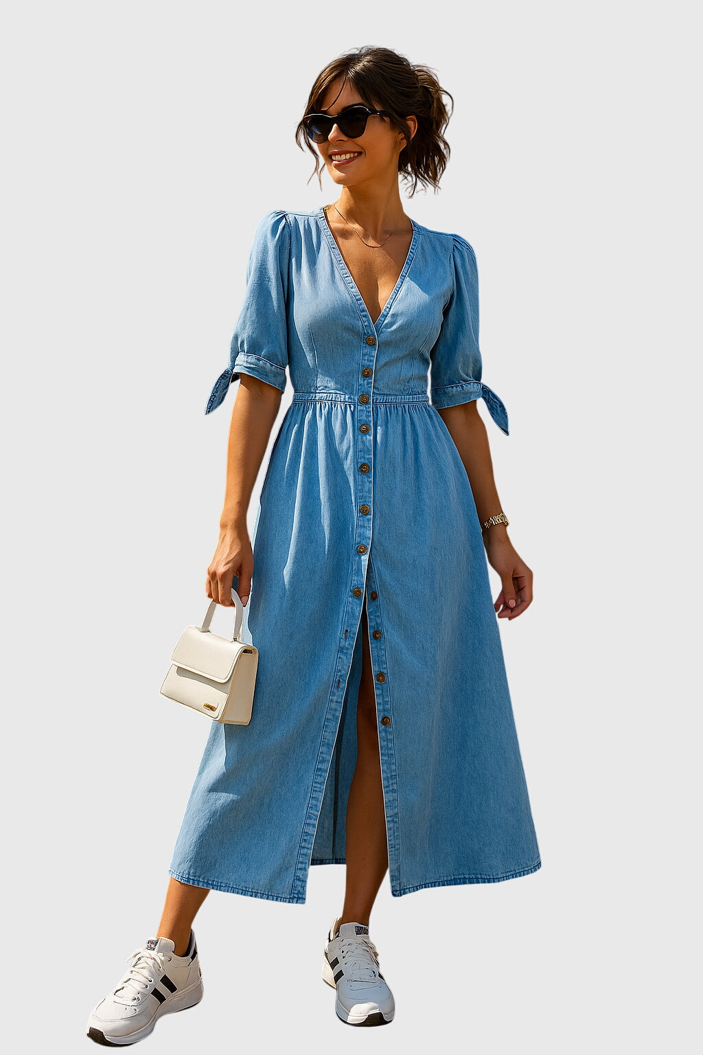 Effortless Denim Midi Dress for Women with V-Neck Button Front Tie Sleeve Casual Style
