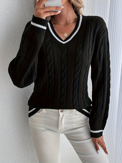 Comfortable Cable Knit Sweater for Women with V Neck Long Sleeve Striped Trim Relaxed Oversized Style