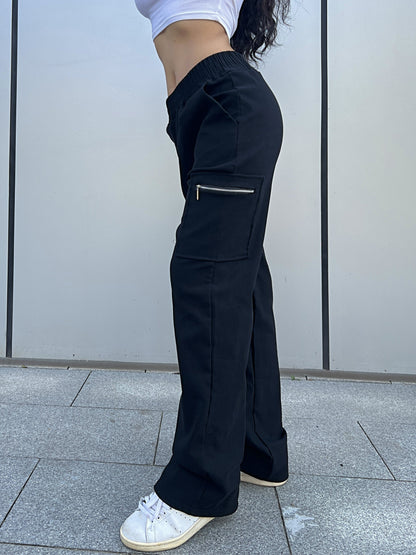 Effortless Black Cargo Pants for Women with High Waist Zip Pocket Wide Leg Relaxed Style