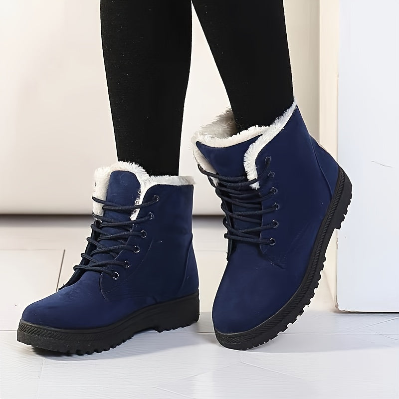 Cozy Lace Up Snow Boots for Women with Fleece Cuff Round Toe Lug Sole Winter Snowproof Style
