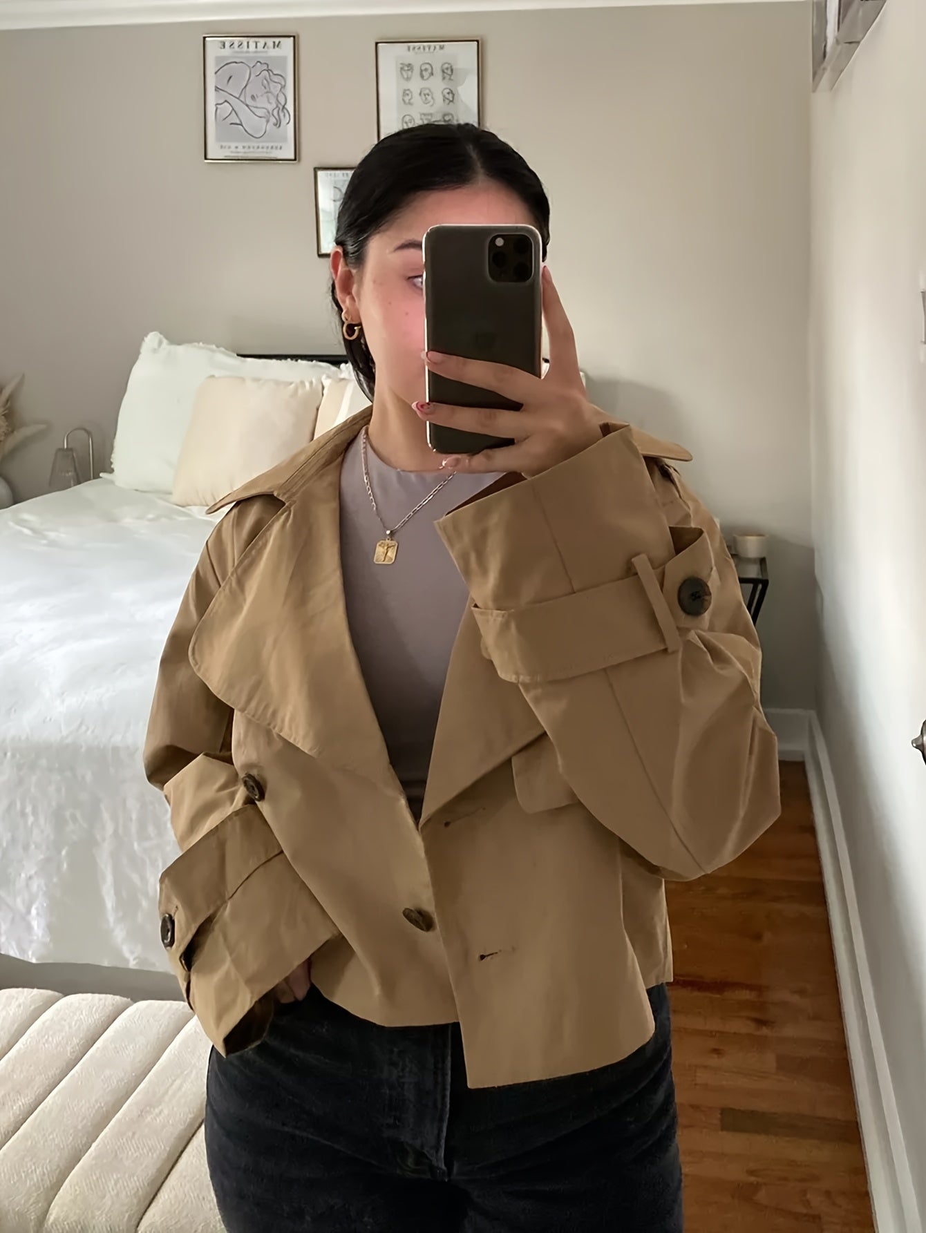Elegant Coffee Brown Pea Coat for Women with Notched Lapel Long Sleeve Double Breasted Cropped Style